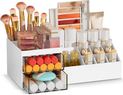 Subsky Organizador de maquillaje con cajones, fácil almacenamiento para cepillos de productos de belleza, organizador de escritorio de plástico