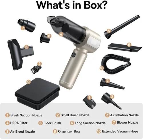 Miniatura 9 de REWONDER Aspiradora de coche de alta potencia, aspiradora de 22000 Pa y plumero de aire de 110000 RPM, aspiradora de mano con batería de 7800 mAh