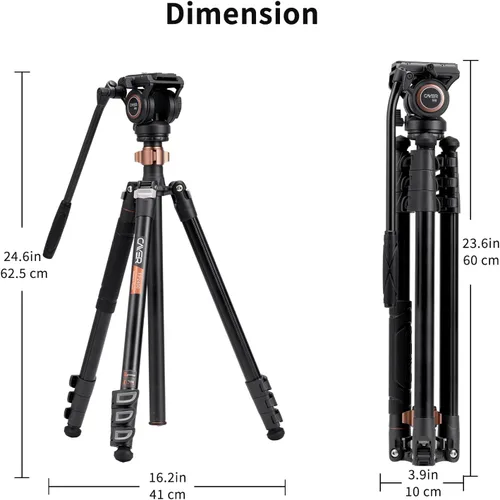 Miniatura 8 de Cayer FP2450 Trípode de cabeza fluida, trípode de video de aluminio de 75 pulgadas, trípode de cámara compacta de 4 secciones con cabezal fluido