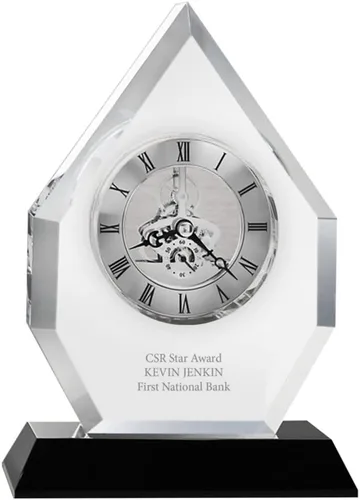 Miniatura 14 de Baudville Trofeo de reloj grabado, cristal transparente con acento azul, pieza de tiempo de inserción de plata, tres líneas personalizadas