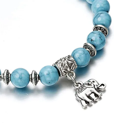 Miniatura 3 de ZALING - Pulsera elástica con cuentas de piedra natural cadena de turquesa sintética colgante de elefante para mujer