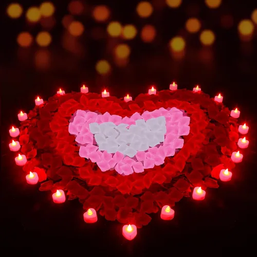 Miniatura 6 de Honoson 1000 pétalos de rosa artificiales con 24 velas LED en forma de corazón sin llama, velas especiales románticas para decoración nocturna