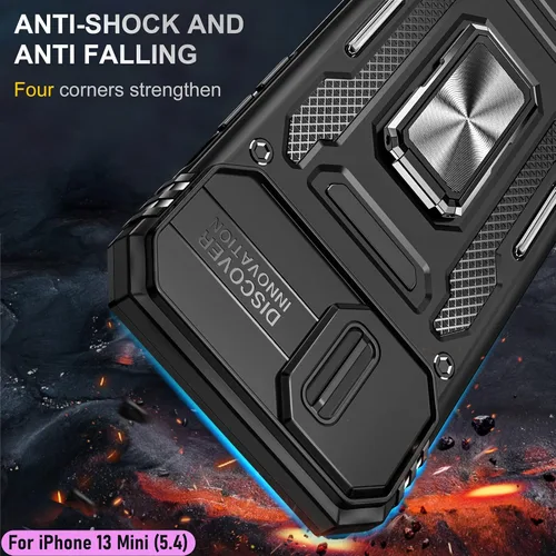 Miniatura 7 de Funda resistente para Apple iPhone 13 Mini, protección híbrida de goma de doble capa de grado militar con protector de cámara deslizante, soporte