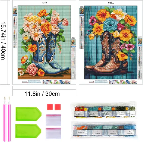 Miniatura 3 de YOYA Paquete de 2 Kits de Pintura de Diamantes 5D para Adultos - Botas de Vaquero Kits de Arte de Diamantes Flores Bricolaje Taladro Completo Puntos