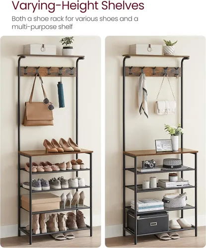 Miniatura 5 de VASAGLE Perchero de Pie con Banco para Zapatos, Perchero Banco para Zapatos, Zapatero de 5 Niveles de Diferentes Alturas, 5 Ganchos Dobles, Estante