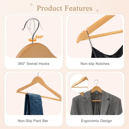 Miniatura 5 de ZENY Perchas de Madera Premium Paquete de 50, Perchas para Abrigos con Gancho Giratorio de 360 Grados, Perchas para Ropa para Trajes, Camisas