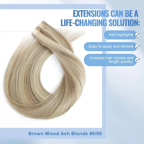 Miniatura 2 de Sixstarhair Extensiones de cabello con cinta adhesiva, color marrón claro, mezclado con rubio ceniza, sin costuras, lacio, 18 pulgadas, 1.76 onzas