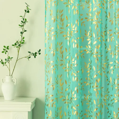 Deeprove Cortinas traslúcidas color aguamarina y dorado de 84 pulgadas de largo, 2 paneles para dormitorio, sala de estar, estampado de hojas