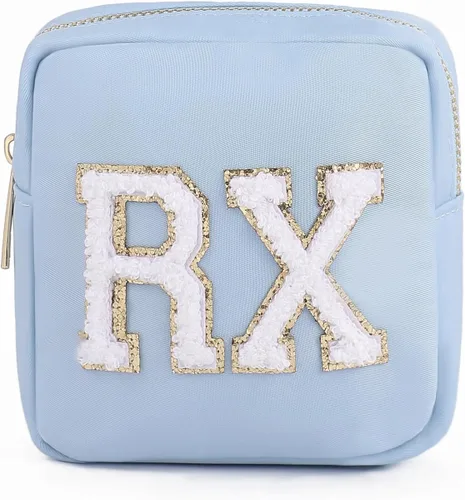 Miniatura 7 de uekeboag Bolsa Cosmética Personalizada Pequeña de Nylon, Linda Bolsa de Medicamentos con Parche de Letras de Chenilla y Cremallera, Bolsa de Viaje