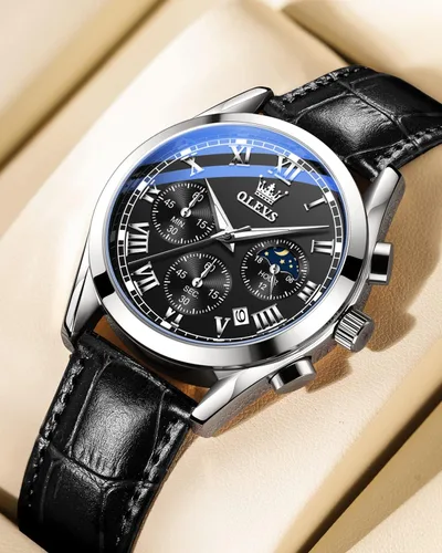 Miniatura 2 de OLEVS Reloj para hombre cuero marrón moda cronógrafo reloj luminoso impermeable casual relojes de pulsera