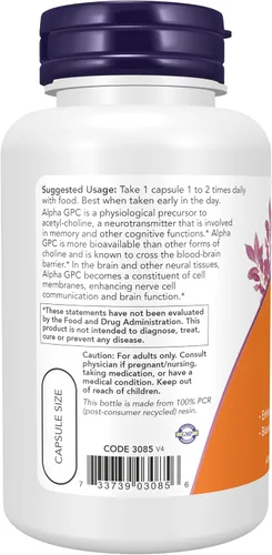 Miniatura 3 de Suplementos AHORA, Alpha GPC 300 mg con fuente biodisponible de colina, 60 cápsulas vegetales