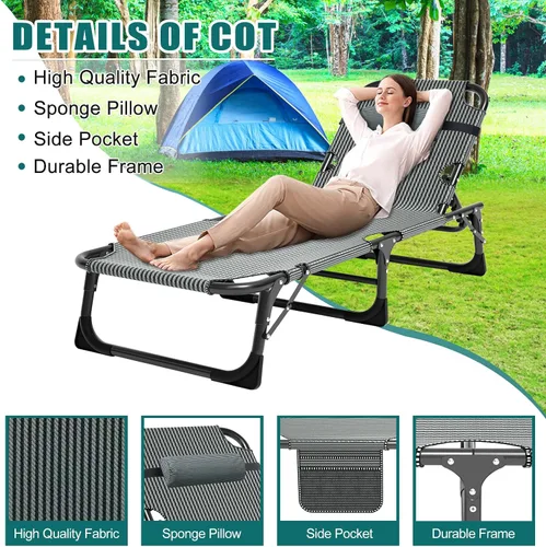 Miniatura 7 de DoCred Sillón plegable, 5 posiciones, ajustable, plegable, cama para dormir, tumbona, tumbona, perfecta para tomar el sol, campamento, piscina, Azul