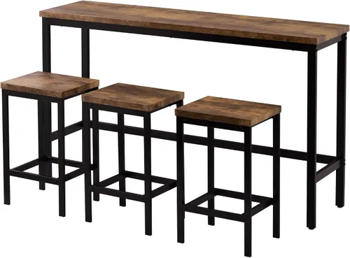 Miniatura 9 de Juego de mesa de comedor de 4 piezas de altura de mostrador, juego de mesa de comedor extra larga con 3 taburetes, panel de madera y marco de metal