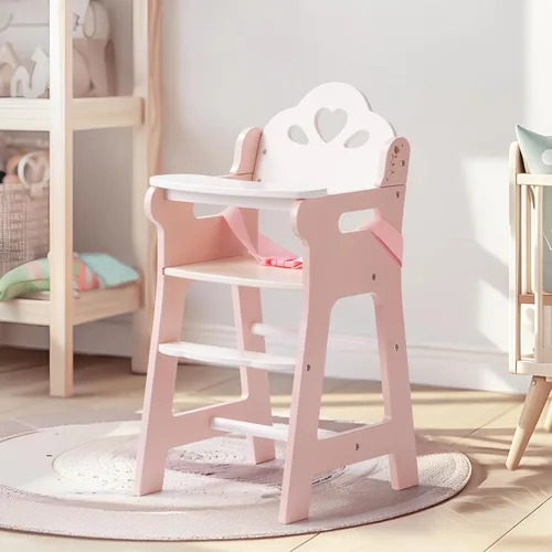 Miniatura 3 de ROBUD Silla alta de muñeca de bebé, silla alta de juego de simulación con cinturón de seguridad, accesorios de muñeca de madera rosa con mesa móvil