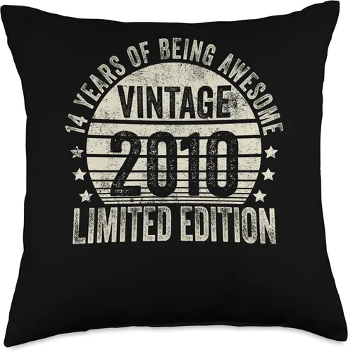 14 Year Old Vintage 2010 Limited Edition Bday Retro 14th Birthday Gifts Girls Boys Throw Pillow, 18x18, Multicolor