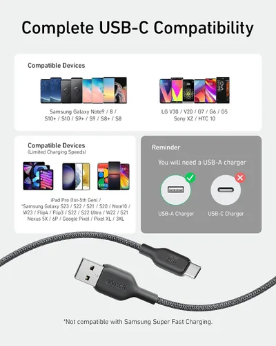 Miniatura 6 de Anker Cable de carga bio-Briaded, duradero USB A a USB C para Samsung Galaxy Note Series, LG V30 (paquete de 2, 6 pies, negro)