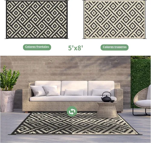 Miniatura 4 de GENIMO Alfombra de exterior impermeable de 5 x 8 pies, alfombras reversibles, alfombra de área, alfombra de plástico para exteriores, alfombra Negro