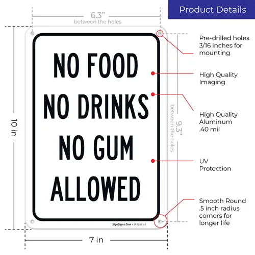Miniatura 3 de Letrero de No Food No Drinks No Gum Allowed, 10 x 7 pulgadas, libre de óxido, aluminio 040, resistente a la decoloración, fabricado en Estados
