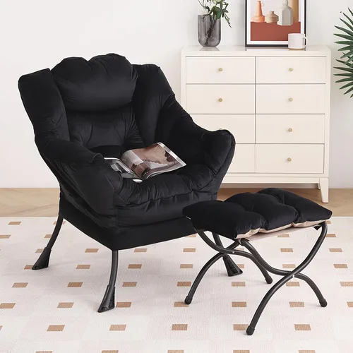Miniatura 10 de Furlide Silla Perezosa Moderna con Reposapiés Plegable, Sillón de Descanso y Cómoda Silla de Lectura (Negro)