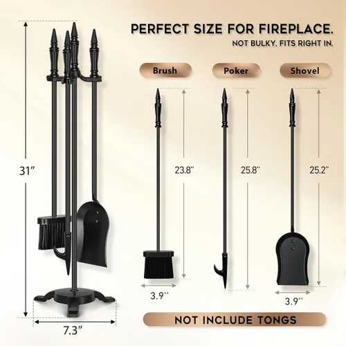 Miniatura 3 de FEED GARDEN Juego de herramientas para chimenea de 4 piezas, herramientas de fuego de hierro forjado de 31 pulgadas con póker, pala, cepillo