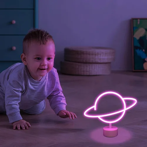 Miniatura 4 de ENUOLI Letreros de luz de neón de planeta rosa, luces de noche LED con pedestal, decoración de habitación, batería/operación USB, letreros de neón