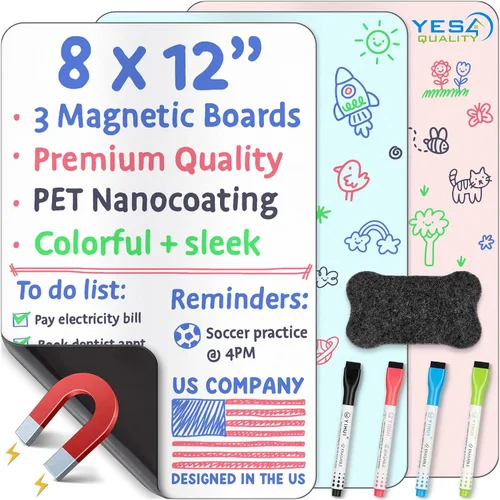 Juego de pizarra blanca magnética de borrado en seco para nevera, 12 x 8 pulgadas, 8 piezas, multicolor, 3 hojas de pizarra blanca resistentes a las