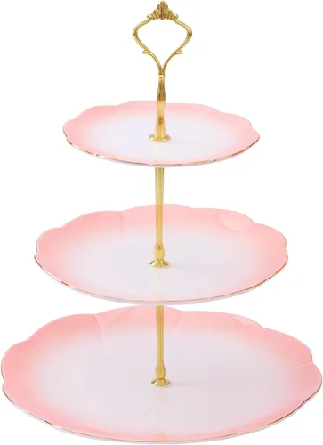 Miniatura 13 de DUJUST Torre de porcelana de lujo de 2 niveles para cupcakes, bandeja de servir estilo británico con borde dorado, soporte de exhibición de postres