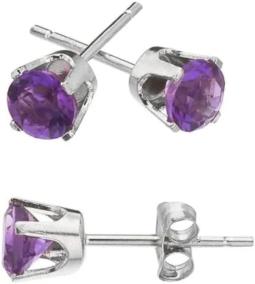 Miniatura 4 de Aretes redondos de amatista natural de oro blanco de 14 k y 0.157 in, No aplicable, Amatista