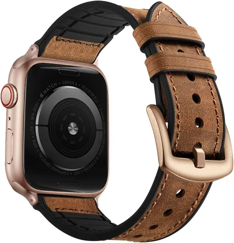 Miniatura 11 de OUHENG Correas de cuero compatibles con Apple Watch de 42mm 41mm 40mm 38mm, correa híbrida de cuero genuino y goma para iWatch Series 11 10 9 8 7 6