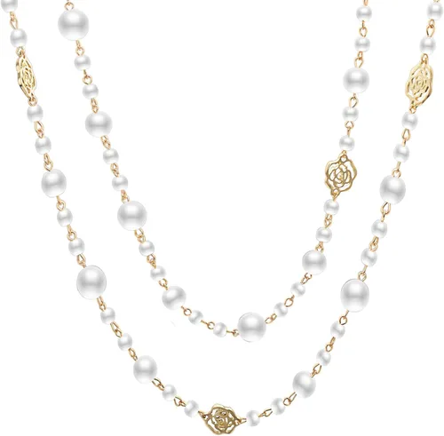Aleasha Collar de perlas de imitación de oro de múltiples hebras para mujer, collar de perlas blancas largas vintage, regalo de joyería para disfraz