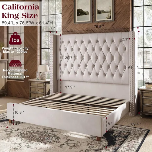Miniatura 2 de PaPaJet Base de cama California King con cabecera de ala de 61.4 pulgadas de alto, plataforma tapizada de terciopelo, no necesita somier, sin ruido