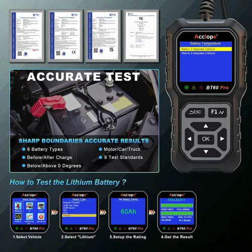 Miniatura 12 de BT60 Pro Probador de Batería de Coche, Analizador Digital con Impresión en la Nube, Verificador de Batería de 6V/12V/24V para AGM, Litio