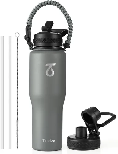 Miniatura 8 de Trebo Botella de agua de 40 onzas con aislamiento que cabe en portavasos de automóvil con asa, botellas de agua de acero inoxidable vaso con tapas