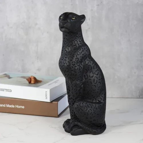 Miniatura 4 de Estatua de guepardo Pantera Negra Estatua de leopardo negro de 11 pulgadas de alto, resina moderna, escultura de animales, decoración de mesa