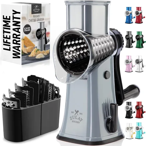 Zulay Kitchen Rallador Rotativo de Queso de 5 Cuchillas Rallador de Queso - Rallador de Queso Manual de Manivela con Succión Reforzada y 5 Tambores