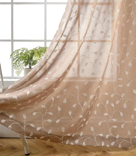 Miniatura 15 de Miuco - Cortinas con ojales de lino sintético, semitransparentes, bordadas con flores, para sala de estar Blanco puro