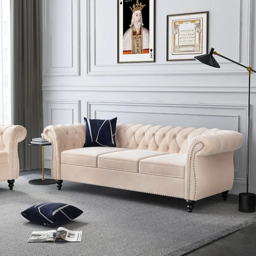 Miniatura 3 de ORRD - Sofá Chesterfield de Terciopelo, Sofá Moderno de Terciopelo con 3 Asientos con Brazos Enrollados y Clavos para Sala de Estar, Dormitorio