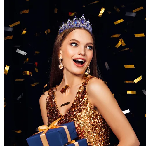 Miniatura 6 de SuPoo Kit de corona y banda de cumpleaños, tiara azul con diamantes de imitación y peine, banda con purpurina, diadema de cristal para mujeres