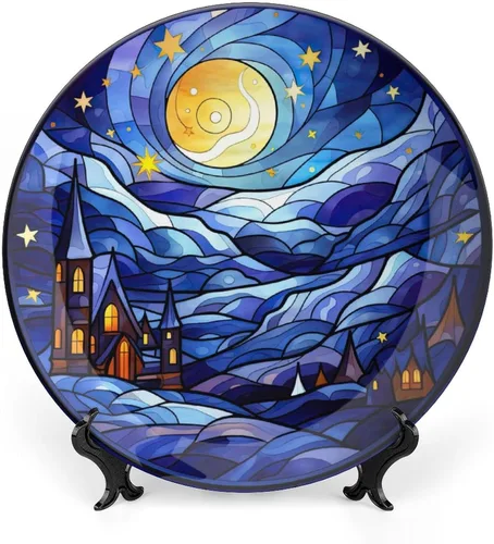 Miniatura 9 de Winter Village - Platos decorativos de noche de luna para decoración del hogar, platos de cerámica con diseño de vitrales para sala de estar, Noche
