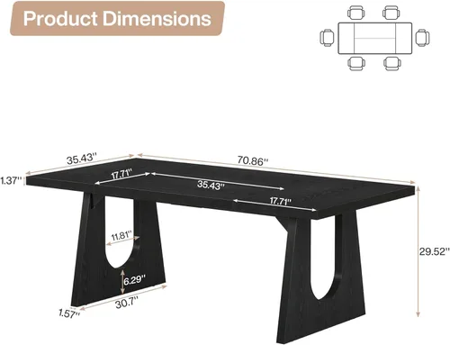 Miniatura 2 de Tribesigns Mesa de comedor grande para 6-8 personas, mesa rectangular rústica de madera de 70.9 pulgadas con patas de madera negra, mesa de cocina