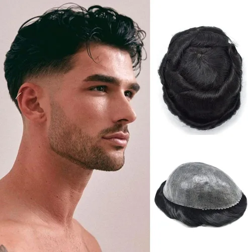 PRETTY HAIR - Peluca de cabello humano, tupé para hombre, 8 x 10 pulgadas, negro azabache 1, corto de 6 pulgadas, densidad media ligera del 120%,