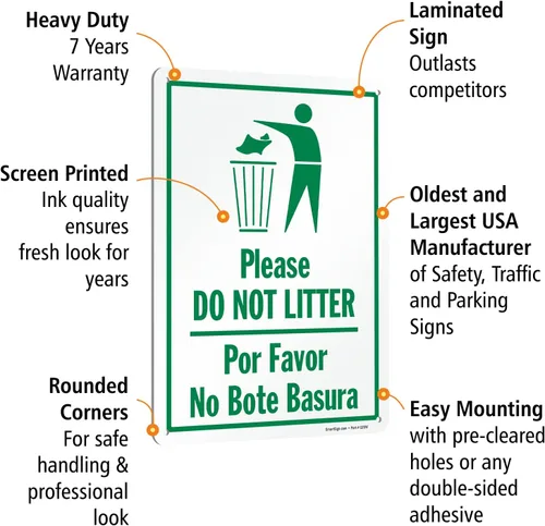 Miniatura 6 de SmartSign Letrero de metal con texto en inglés "Please Do Not Litter, Por Favor No Bote Basura" de 14 x 10 pulgadas, aluminio laminado a prueba