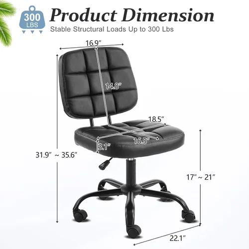 Miniatura 2 de VINGLI Silla de escritorio compacta y pequeña, linda silla sin brazos con ruedas, silla de tocador con respaldo bajo, silla de tarea ajustable