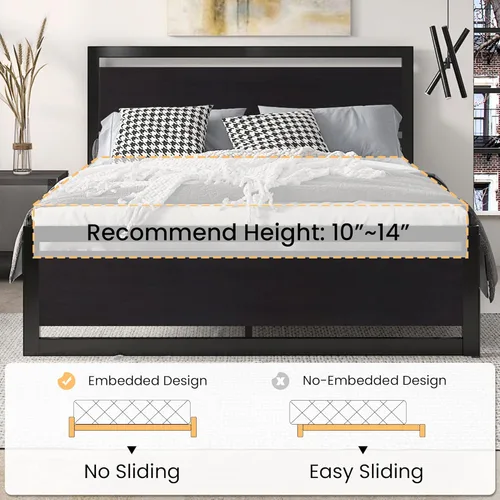 Miniatura 3 de SHA CERLIN Base de cama tamaño Queen con cabecera moderna, base de metal de plataforma resistente con estribo cuadrado y soporte de 13 listones Negro