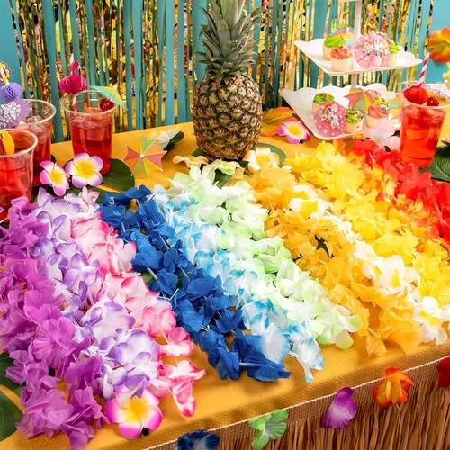 Miniatura 8 de JOYIN Juguete de 12 unidades de leis hawaianos a granel, flor tropical Lei hawaiana Lei playa Hawaii Luau recuerdos de fiesta decoración suministros