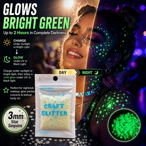 Miniatura 3 de Sourcingbay Brillantina de estrella que brilla en la oscuridad, lentejuelas luminosas de 0.118 pulgadas para arte de uñas, slime, manualidades