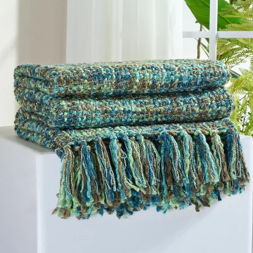 Manta Throw de Punto de Cable Verde Multicolor para Sofá, 50"X60" Manta Texturizada Estilo Bohemio para Decoración del Hogar, Manta de Punto Grueso
