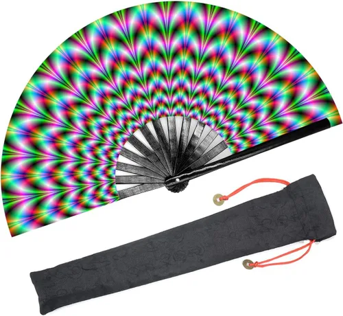Miniatura 9 de Ventilador de mano plegable grande para mujeres/hombres, chino/japonés con bambú y tela de nailon, para actuaciones, decoraciones, bailes, fiestas