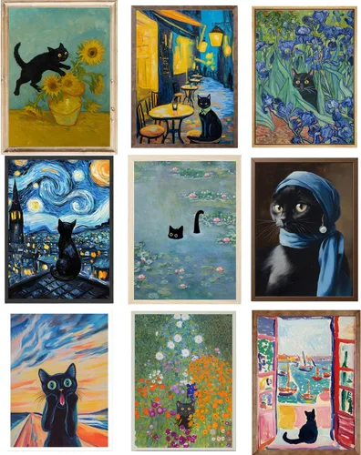 Miniatura 2 de 9 piezas divertidas de arte de pared de gato negro, gatos negros retro en pinturas famosas, carteles impresos, lindos gatos coloridos, decoración