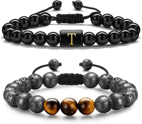 STORUP Pulseras de cuentas con iniciales para hombre, piedra de lava de ojo de tigre de 0.315in, hechas a mano con letras de obsidiana, pulseras